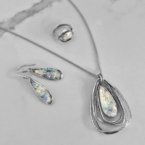 Sterling Silver Roman Glass Pear Drop Pendant Necklace - Ameeru Goods