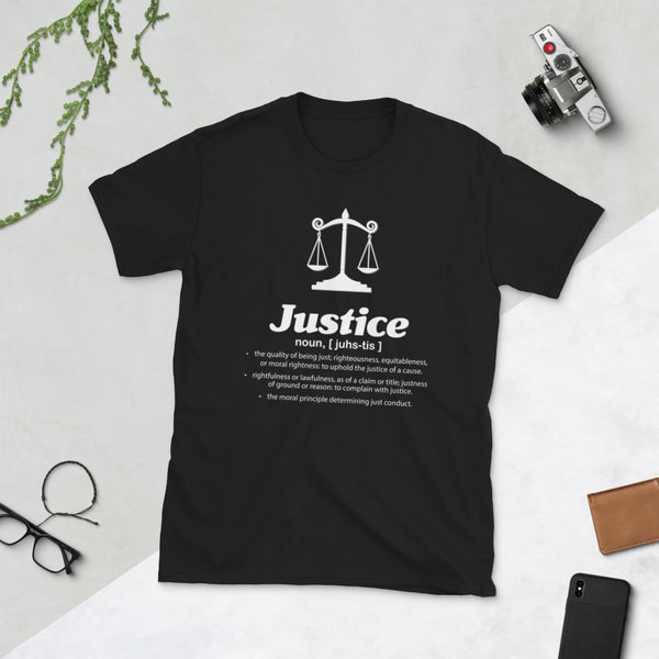 Justice JustUs battle white text Short-Sleeve Unisex T-Shirt - Ameeru Goods