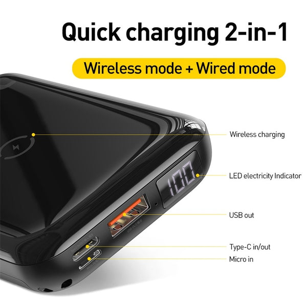 Mobile QI Wireless 10000 mAh Power Bank Charger + QC 3.0 Fast Charging USB External Battery Pack - Ameeru Goods