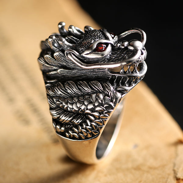 Solid 925 Sterling Silver Dragon with Red Zircon Eye Ring - Ameeru Goods