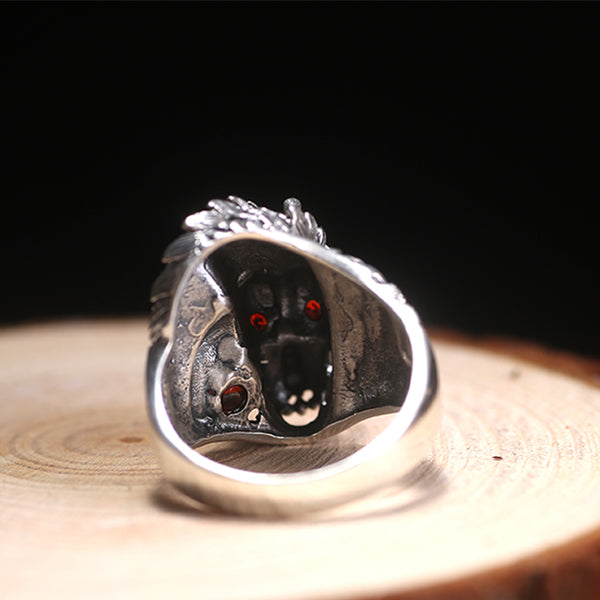 Solid 925 Sterling Silver Dragon with Red Zircon Eye Ring - Ameeru Goods