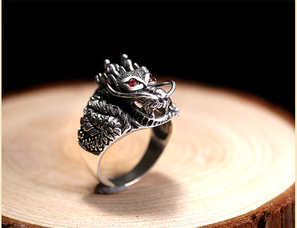 Solid 925 Sterling Silver Dragon with Red Zircon Eye Ring - Ameeru Goods