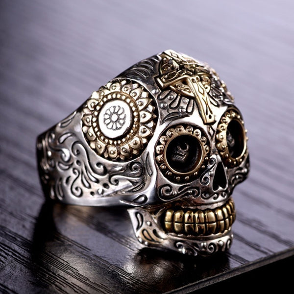 Solid 925 Sterling Silver Day of the Dead Sugar Skull Ring - Ameeru Goods