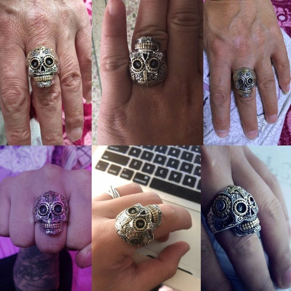 Solid 925 Sterling Silver Day of the Dead Sugar Skull Ring - Ameeru Goods