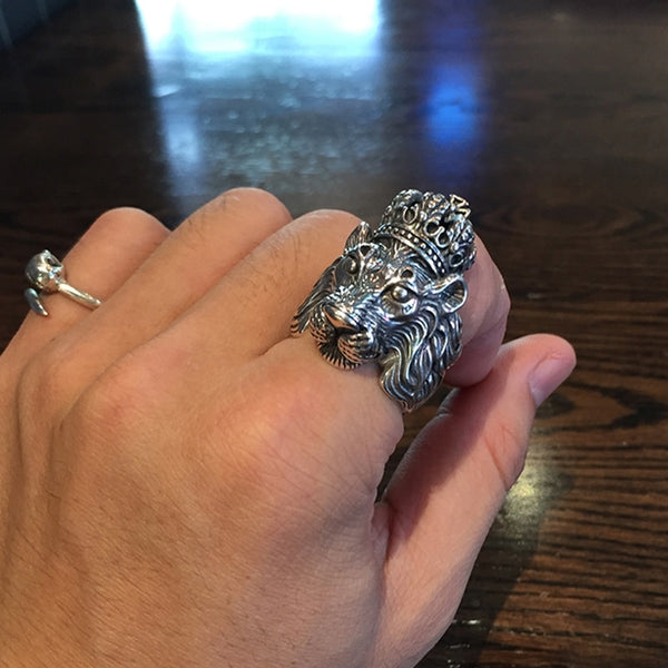 Solid 925 Sterling Silver Crown Lion King Ring - Ameeru Goods