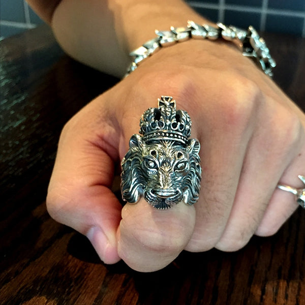 Solid 925 Sterling Silver Crown Lion King Ring - Ameeru Goods