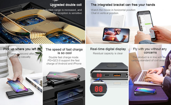 QI Wireless 10000 mAh Power Bank Charger + QC 3.0 Fast Charging USB External Battery Pack - Ameeru Goods