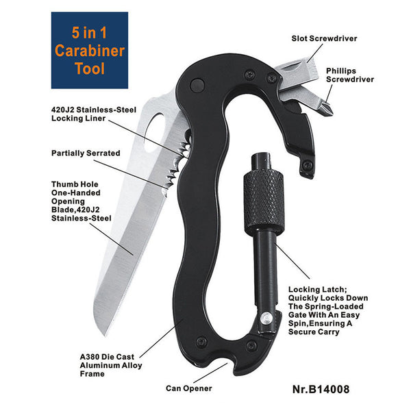 Multi-function 5 in 1 Carabiner Tool with Buckle Lock, Flat and Phillips Head Screwdriver - Ameeru Goods
