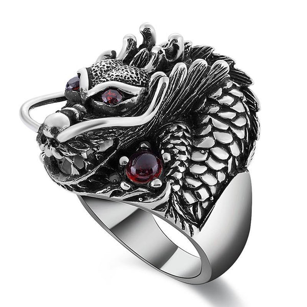 Solid 925 Sterling Silver Dragon with Red Zircon Eye Ring - Ameeru Goods