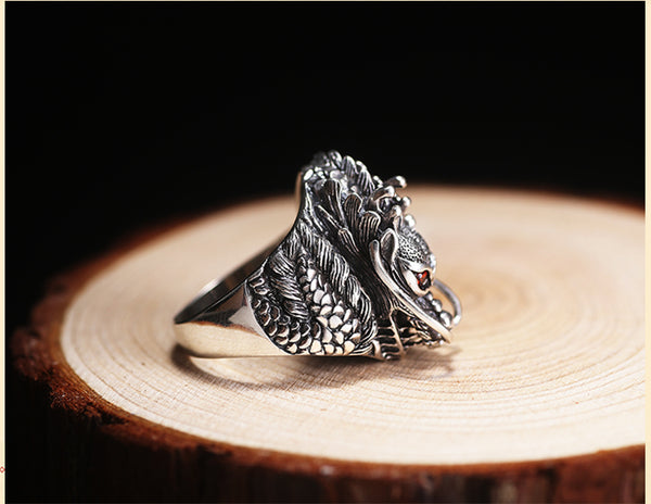 Solid 925 Sterling Silver Dragon with Red Zircon Eye Ring - Ameeru Goods
