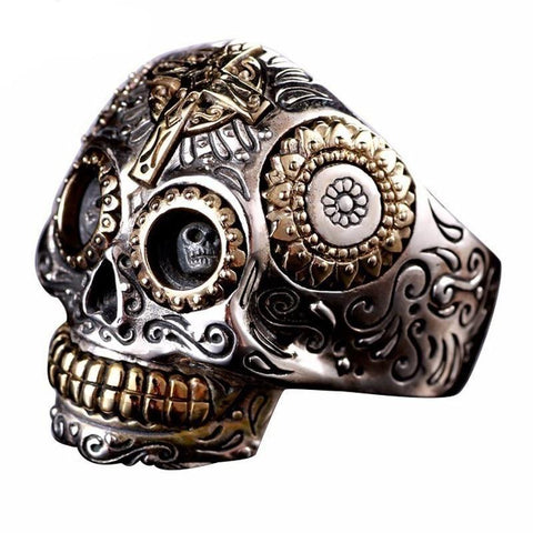 Solid 925 Sterling Silver Day of the Dead Sugar Skull Ring - Ameeru Goods